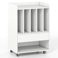 costway mueble para vinilos movil con ruedas 5 compartimentos cajon y estante abierto blanco madera 52x355x73 cm para salon o oficina
