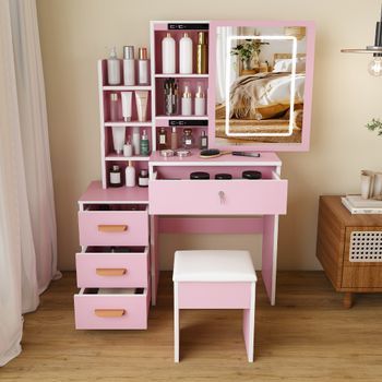 Mesa Tocador Con Espejo Led Y Taburete - Mueble De Dormitorio - Mdf - Rosa (85x36x130cm)