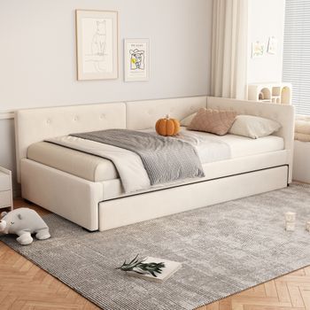 Cama Nido 90 X 200 Cm + 90 X 190 Cm Con Cabecero - Terciopelo - Beige