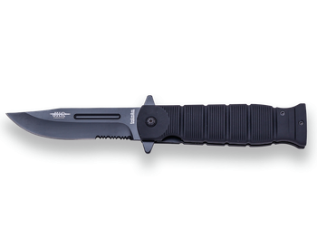 Navaja de rescate JKR, hoja pavonada de acero inox de 9,6 cm con sierra, tamaño total 21,7 cm, mango de goma, JKR0547