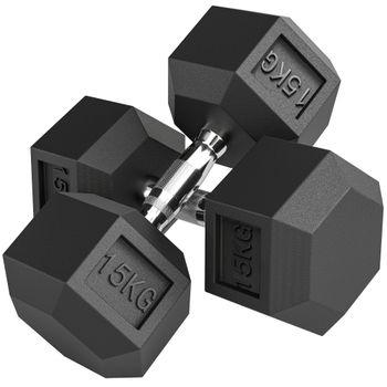 HOMCOM Set de 2 Mancuernas Hexagonales de 2 x 15 kg de Hierro Fundido Recubiertas en Goma para Entrenamiento en Casa Gimnasio