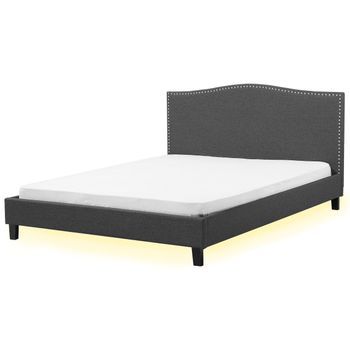 Cama Tapizada En Poliéster Gris 180 X 200 Cm Diseño Tradicional Con Cabecero Glamour Con Led Blanca Montpellier