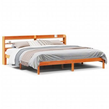 Cama Matrimonial | Cama Para Adultos | Estructura Cama Con Cabecero Madera Pino Marrón Cera 200x200 Cm