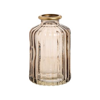 Jarrón de vidrio acanalado marrón con borde dorado Alt. 10 cm