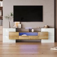 mueble de tv diseno moderno con led blanco brillo y madera 2 cajones 3 compartimentos tapa de cristal 200x35x60cm