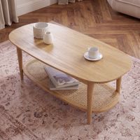 mesa de centro de pino y ratan de 115 cm con 2 niveles