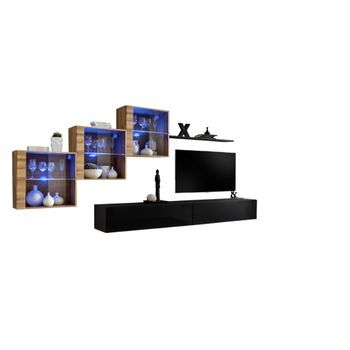 Conjunto De Muebles De Salón Switch Xx Diseño, Color Negro Brillante Y Roble Wotan.