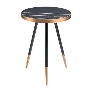 Mesa Rincón Redonda Mármol Porcelánico Y Acero Negro Angel Cerdá 2069 Ø46x56
