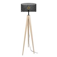 lampara de pie tripode madera natural pantalla metal negro