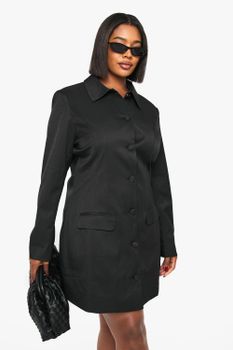 Plus Button Down Collared Tailored Dress, Negro
