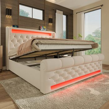 Cama Doble Moderna Tapizada 140x200cm Cama Tapizada Con Luces Led Cabecero Con Espacio De Almacenamiento Y Puertos Usb Y Tipo C Cama Con Espacio De Almacenamiento Hidráulico Beige Terciopelo (sin Colchón)
