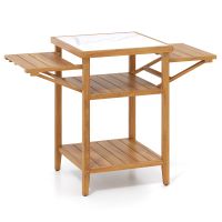 costway mesa de barbacoa de madera de acacia con bandejas laterales plegables y estantes almacenaje para bbq fiesta patio jardin