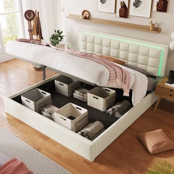 Cama Contenedor 140 X 200 Cm - Cuero Pu - Led - Somier De Láminas - Blanco