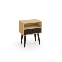 mesita de noche elegante con cajon  hueco y patas de madera color encerado y negro medidas ancho 45 cm x alto 55 cm x fondo 30 cm
