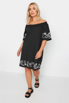 Yours Vestido Bardot Mini Negro Con Bordados En Algodón, Mujer Curvy Y Tallas Grandes, Yours