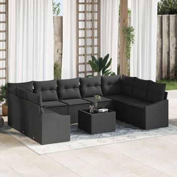 Set De Sofá De Jardín  De 10 Piezas Con Cojines En Color Beige De Ratán Poliéster V4793 Unico / Negro