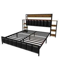 cama tapizada 160 x 200 cm - polipiel y metal - cabecero con almacenaje y led - negro sin colchon
