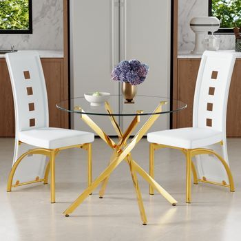 Mesa Y Sillas - Comedor - Cristal, Metal Y Pu - Transparente, Blanco Y Dorado (88x88x75cm)