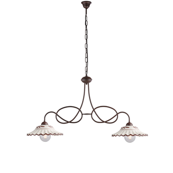 Lámpara De Araña Bistrot En Hierro Lacado En Negro Y Decoraciones. Efecto Óxido Con Difusores Cerámicos D. 30 Blanco Y Marrón 2 Luces L. 98 X 30