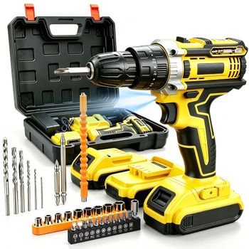 Taladro percutor inalámbrico portátil de 21 V, kit de taladro eléctrico con baterías duales, destornillador eléctrico, accesorios completos, estuche de herramientas para trabajos de perforación y