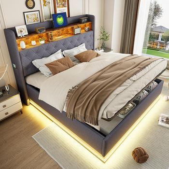 Cama Canapé Hidráulico 180 X 200 Cm - Luces Led + Puerto Usb  - Lino Gris