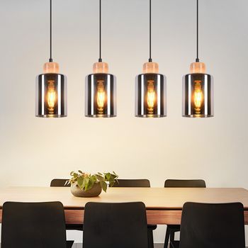 Lámpara Colgante Nettlife Para Mesa De Comedor, Lámpara Colgante Vintage De Cristal, Lámpara Colgante De Madera Con 4 Llamas De Cristal Ahumado, E27