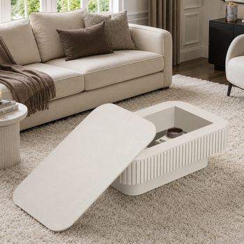 Mesa De Centro Rectangular De 98 Cm Con Almacenaje Oculto Y Panel Estriado