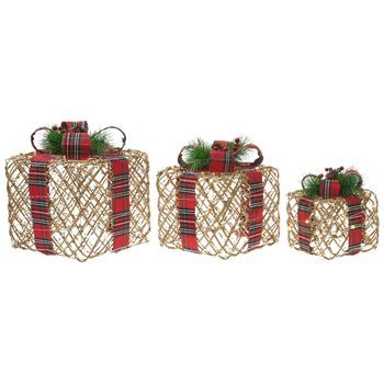 Conjunto De 3 Decoraciones Regalos De Navidad Con Lazos Luces Led Blancas Cálidas Acabado Brillante Para Interior Marrón Vandet