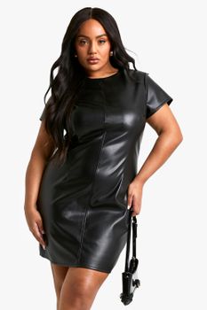 Vestido Recto Plus De Cuero Sintético Con Mangas Casquillo, Negro