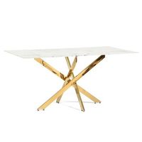 mesa de interior 160x90 cm con tablero de vidrio y patas de metal marmol blancooro - morgan