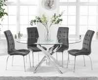 denver 165cm oval glass dining table with calgary velvet chairs - blue 6 chairs