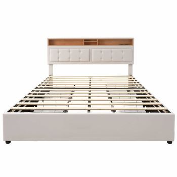 Cama De Adulto Tapizada Con 4 Cajones Y Puerto De Carga Usb - 160x200cm - Tela De Lino - Beige