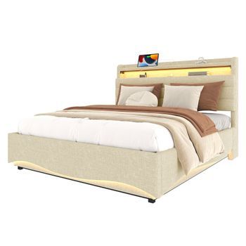 Cama Tapizada De 140x200, Doble, Con Led, Sistema Hidráulico, Usb Y Usb-c, Estante, Compartimentos De Almacenamiento, Lino, Beige, Sin Colchón.