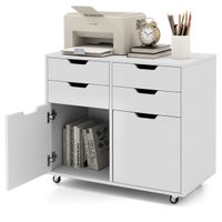 costway comoda de 4 cajones con 2 puertas armario de almacenamiento movil con 5 ruedas soporte para impresora movil para oficina casa blanco