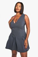 plus bengaline plunge pleated skirt mini dress gris