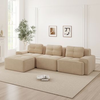Sofá Modular Beige De 3 Plazas En L Con Otomana, Pana Y 74 Cm De Fondo