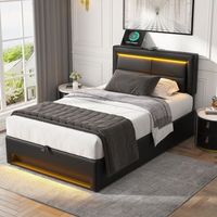 cama tapizada 90x200 cm con usb carga inalambricapor cable led almacenamiento simil piel grano lichi negro