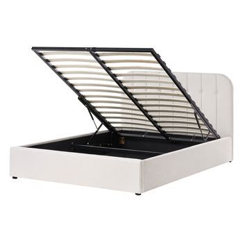 Cama Con Somier De Tela 140 X 200 Cm Con Cabecero Almacenaje Elevable Blanco Crema Challans