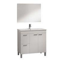 mueble lavabo de bano o aseo con lavamanos de pmma y un fantastico espejo a juego dos puertas y dos cajones color blanco brillo 80x80x45cm