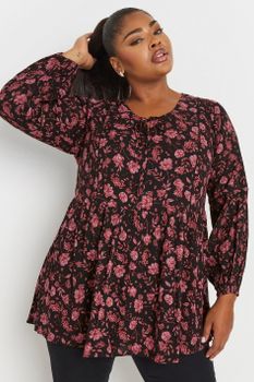 Yours Blusa Negra De Flores Otoñales Con Manga Larga, Mujer Curvy Y Tallas Grandes, Yours