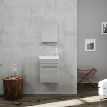 Mueble Suspendido Ahorrador De Espacio Para Baño Gris Efecto Madera Con Espejo Y Lavabo | Smart