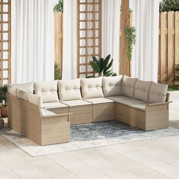 Juego De Sofá De Jardín De 9 Piezas Con Cojines Beige Ratán Poliéster V1076 Unico / Beige
