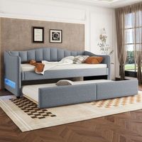 sofa cama 90x200 con cama nido extraible lino gris y luces led
