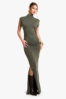 vestido midaxi fruncido con cuello alto verde