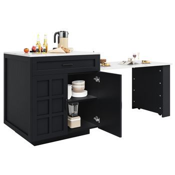 Isla De Cocina Extensible, Mesa De Bar Con Almacenaje Y Cajones, 133-202x70x93.5cm, Mdf, Negro