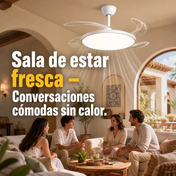 Ventilador de techo con luz LED regulable 50x50cm 48W aspas retráctiles invisibles silencioso mando a distancia temporizador 1/2/4h 3 velocidades diseño blanco moderno IP20 bajo consumo compatible