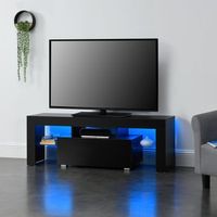 mesa de tele con led - 130 x 35 x 45 cm - comoda - mueble de salon para tv - con estantes de vidrio y con cajon - almacenamiento - negro encasa