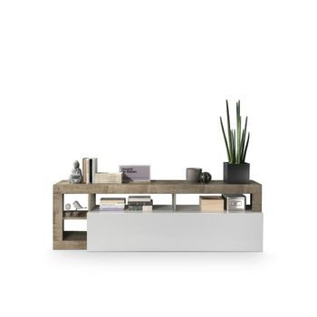 Mueble Para Tv De 1 Puerta, Colección Bura, Color Blanco Lacado Brillante Y Roble Claro.