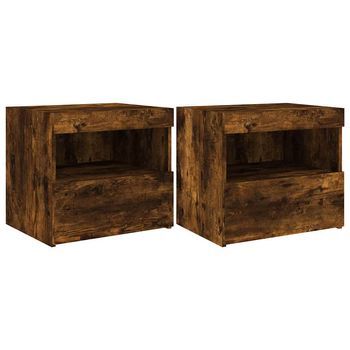 Pack 2 Uds Mesitas De Noche | Mesa Auxiliar | Mesilla Con Luces Led Roble Ahumado 50x40x45 Cm