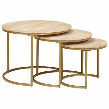3 Uds Mesas De Café - Mesas De Centro Nido Marrón Madera Maciza De Mango Y Acero